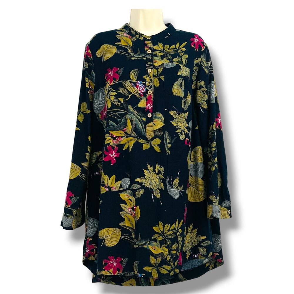 YUZAO Navy Floral Cotton Linen Blend Popover Tunic Blouse 5X  Officewear